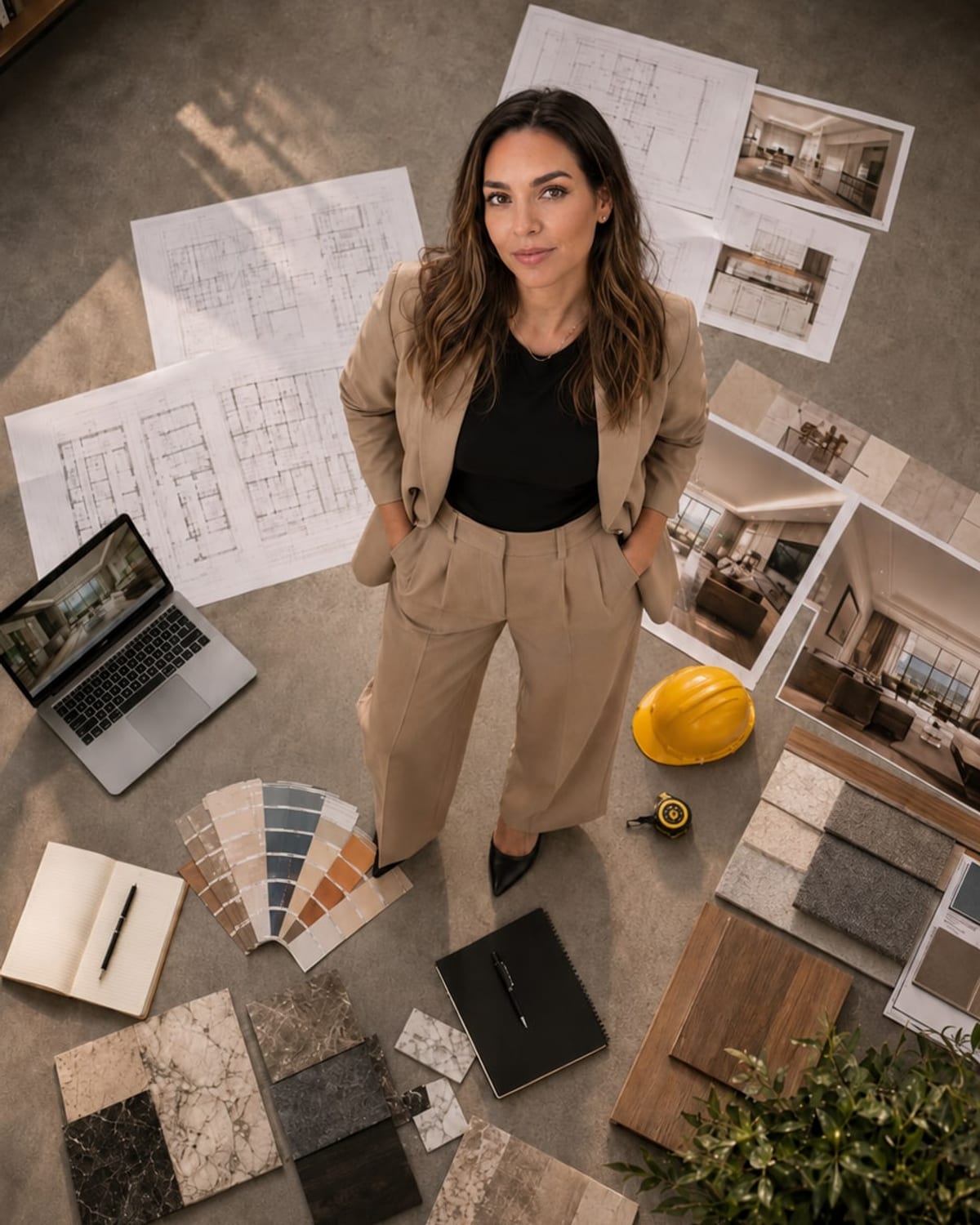 Josefa Taladriz de pie, vista cenital, rodeada de planos, muestras de materiales, un computador y un casco de obra en el suelo