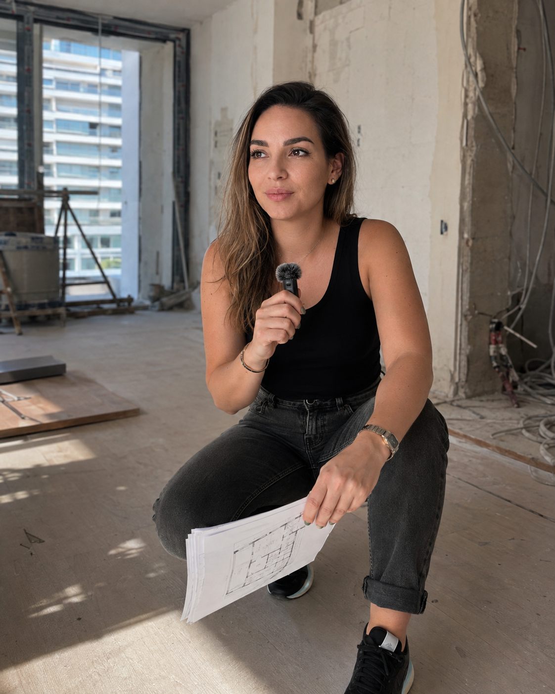 Josefa Taladriz con planos en un departamento en obra